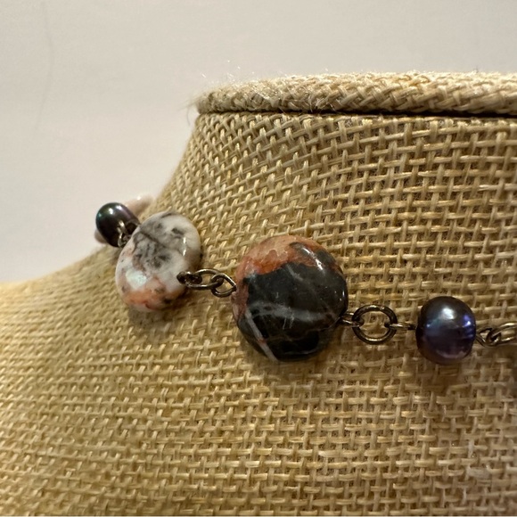 Multi Gemstone Genuine Necklace w/ black baroque pearls, Silver tone w/ toggle - Picture 9 of 11